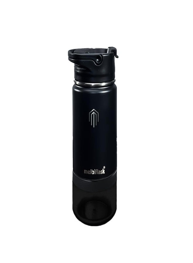 Melbify Melbiflask Mini | 2 in 1 Everyday Flask with Snack Compartment | 500 ml | Black | Hot 12 Hrs/Cold 24 Hrs | Wide Mouth | Easy Flip Lid | BPA-Free | Fits in Bag/Car | Ideal for School, Work, Gym - Image 1